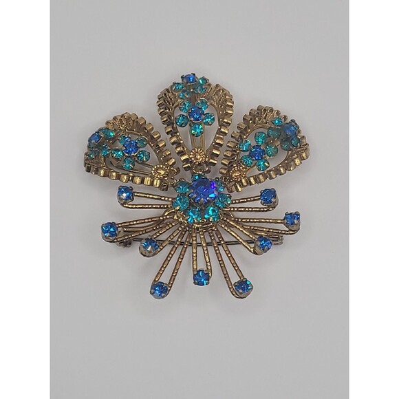 Jewelry - Vintage Brooch Starburst Blue Green Rhinestones Gold Tone Ornate Statement